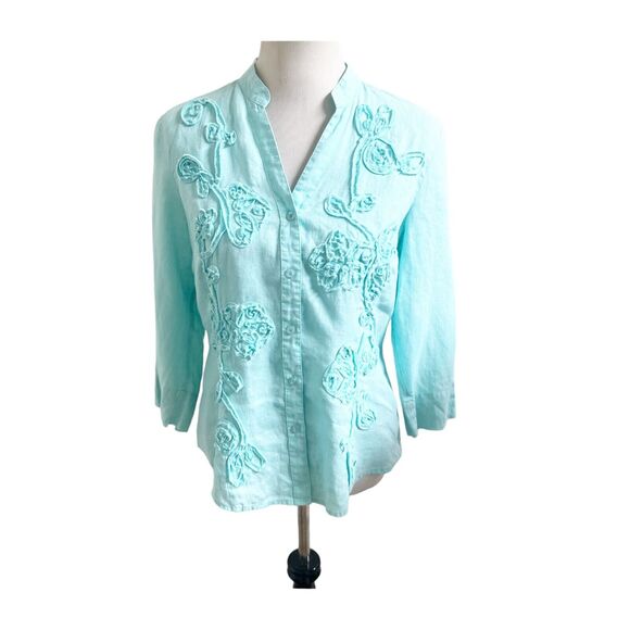 Charter Club Tops - Charter Club Women Teal 100% Linen Embroidered Button Down Casual Blouse 10P